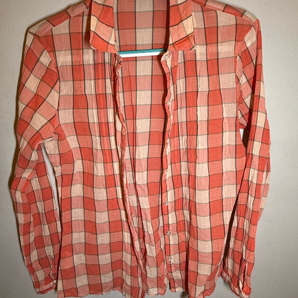 100% cotton Eddie Bauer Salmon and Cream Plaid Shirt